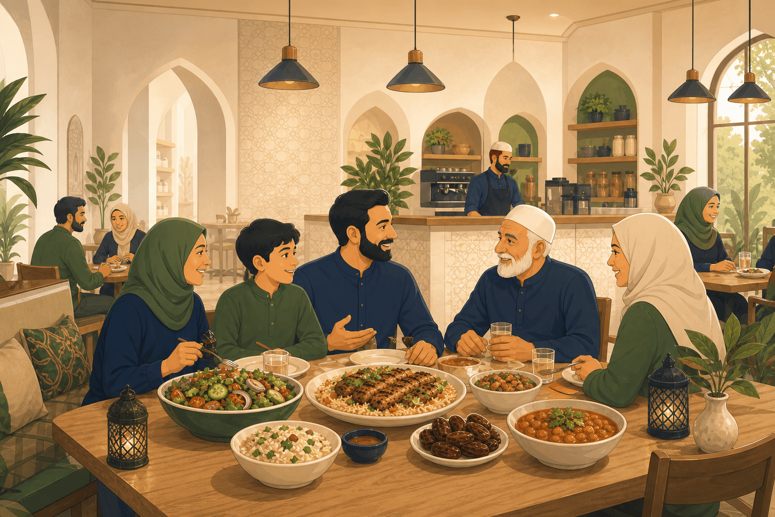 Illustrated family sharing a meal at a Barakah partner restaurant
