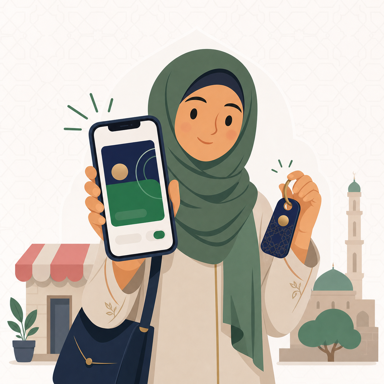 Illustration of a Barakah member carrying an active profile on her phone