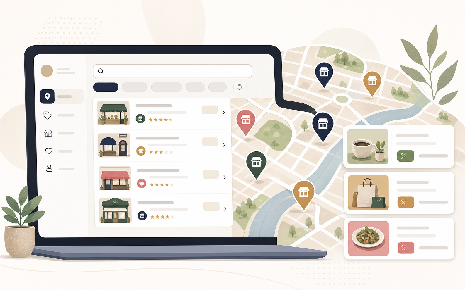 Illustration of Barakah offers and local business locations on a map